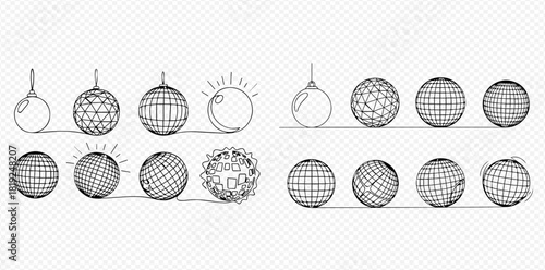 Collection of doodle style illustrations featuring different types of spheres, disco balls, and geometric globe designs with various patterns.