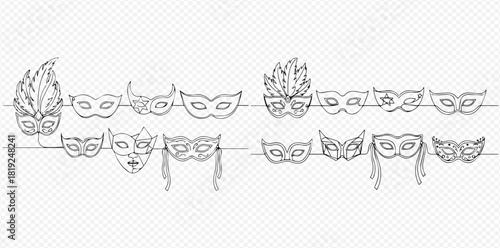 Hand-drawn sketch illustration of various carnival masks hanging on a string, perfect for masquerade party designs.