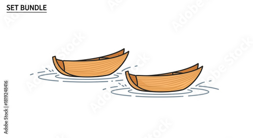 Set bundle of two hand drawn wooden boats floating on water.