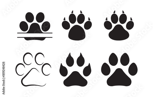 Set of six paw print icons with various styles including outline and split designs vector