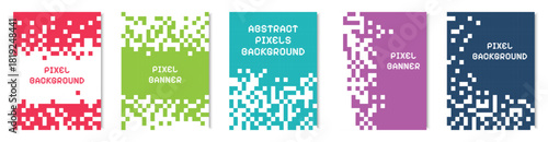 Pixel themed posters create a bright geometric collection with simple block shapes. Each layout shows clean structure and playful contrast. This artwork suits modern retro themes