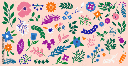 Floral botanical elements create a vibrant decorative collection with varied leaves and blooms. Each shape shows soft organic curves and cheerful color harmony