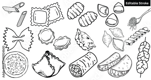 "Italian Pasta Line Art Set – Hand-Drawn Ravioli, Farfalle & Gnocchi Doodle Editable Stroke Pack"