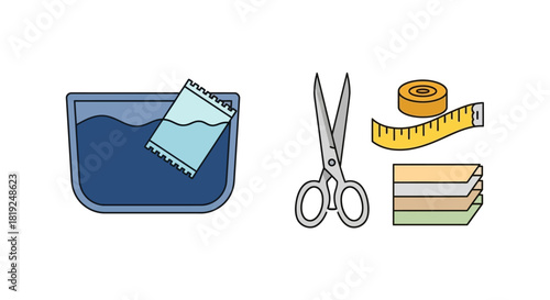 Sewing and fabric dyeing tools icon set illustration.