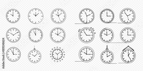 A collection of hand-drawn line art icons depicting various clocks and watches, illustrating different times and styles, on a transparent background.