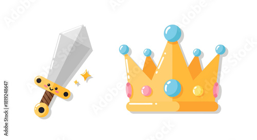 Whimsical Royalty: Cartoon Crown and Smiling Sword Icons Conveying Enchanted Storytelling