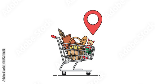 Shopping cart filled with groceries and a location pin icon.