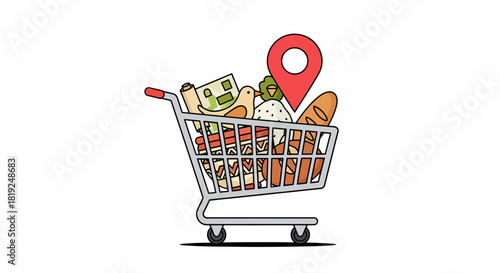 Shopping cart full of groceries with a red location pin marker.