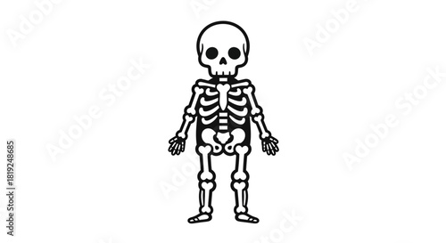 Whimsical skeletal figure outlined in black stands against a stark white backdrop