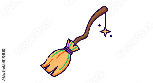 Whimsical witch's broom illustration with playful star charm and textured handle adds a fun touch