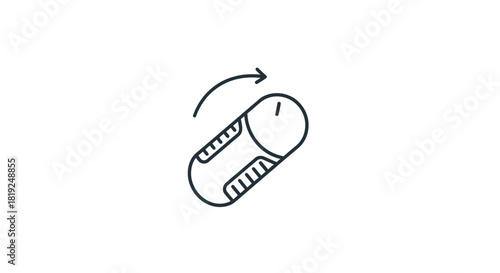 Simple Line Art Icon of a Pill with a Rotation Arrow.