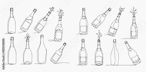 Hand-drawn sketch set of champagne bottles, some popping with corks and splashes, on transparent background.