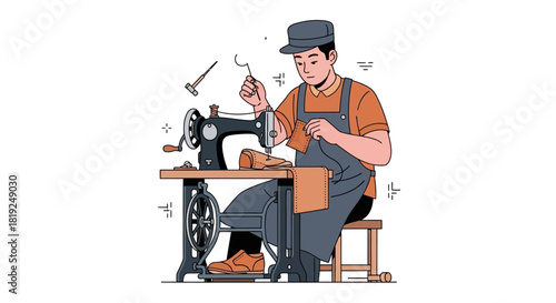 Skilled Shoemaker Crafting Footwear with Traditional Sewing Machine.