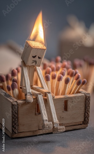 Burning matchstick figure sitting in a box filled with matches