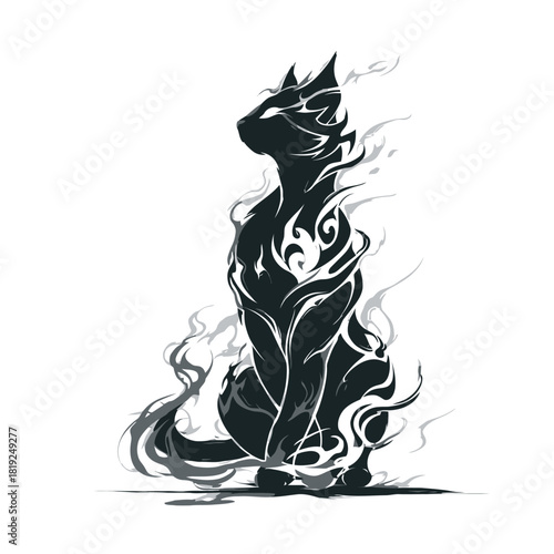 Abstract silhouette of a cat with smoky details on white background