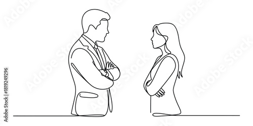 One line drawing of business couple discussing standing apart