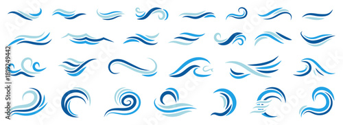 Wave elements create a soft flowing collection with layered blue tones. Each form shows gentle movement and clean curves. This artwork suits water themes