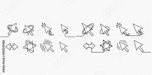 Continuous line drawing of various mouse cursor icons, including pointer, click, loading, and resize symbols for web and UI design.