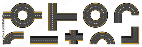 Road elements create a clear transportation collection with varied turns and intersections. Each piece shows clean markings and balanced structure