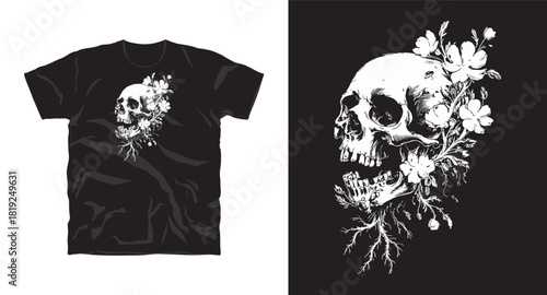 Skull with flowers vector design on black t-shirt mockup illustration