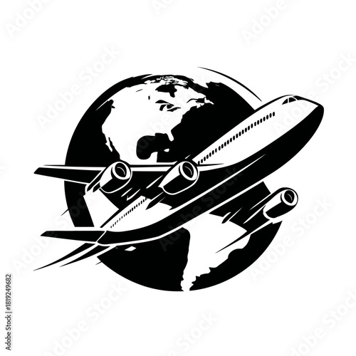 Airplane flying around earth globe travel concept vector illustration