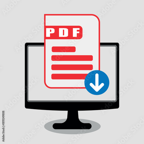 A vector illustration visualizing the process of downloading a digital document file or report onto a personal computer screen