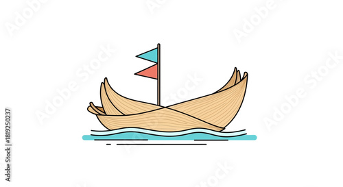 Stylized wooden boat with flags floating on water vector illustration.