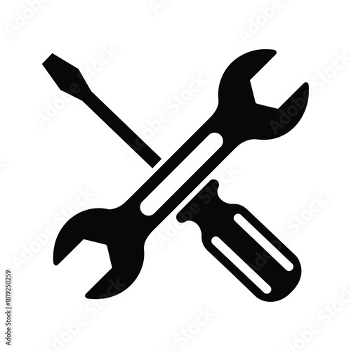 Black crossed wrench and screwdriver icon on white background tools