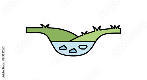 Stylized Pond Illustration with Green Banks and Rocks.