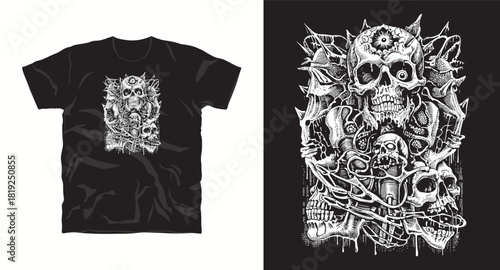 Pile of Skulls with Thorns T-Shirt Design Template Vector Illustration