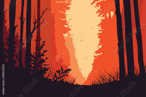 Dramatic forest scene with dark tree silhouettes against intense red and orange light, illustrating nature, mystery, and atmospheric depth in a striking vector landscape.
