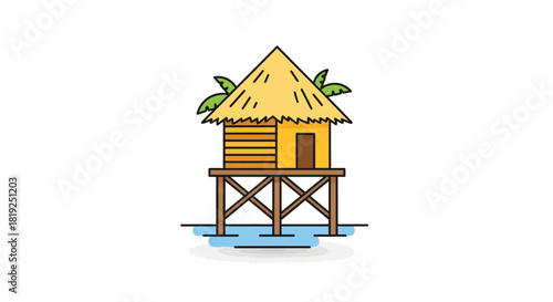 Tropical stilt house over water with thatched roof and wooden structure.