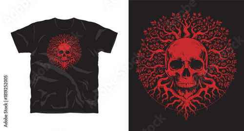 Red Skull with Tree Roots Vector Illustration for Graphic Print