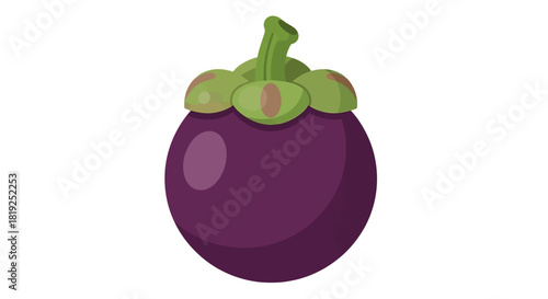 Vibrant purple mangosteen fruit with green stem and sepals isolated.