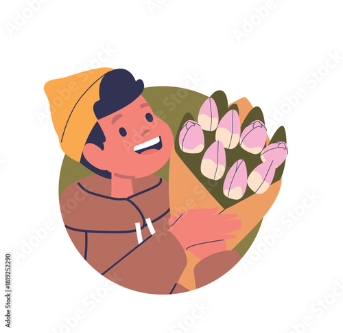 Boy preparing tulip bouquet gift