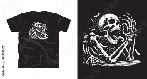 Laughing Skeleton Leaning On Hand T Shirt Design Illustration Vector