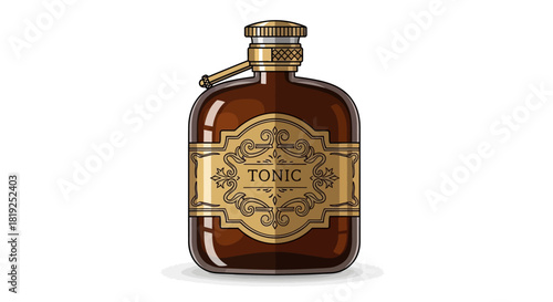 Vintage Tonic Bottle Illustration with Ornate Label and Golden Accents.