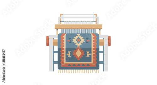 Weaving loom machine with a colorful traditional ornamental rug.