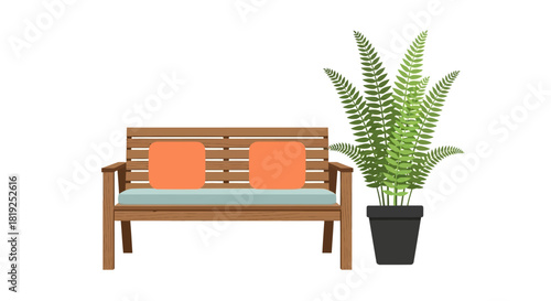 Wooden garden bench with orange pillows and a potted fern plant.