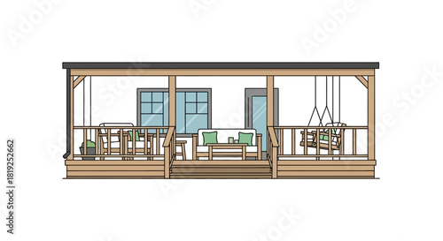 Wooden porch with swings and seating area for relaxation and enjoyment.