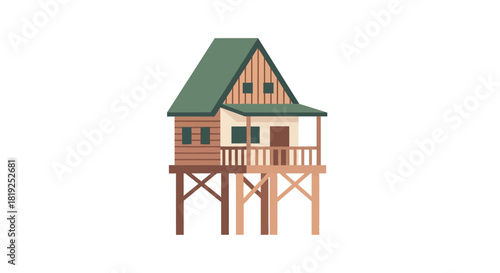 Wooden stilt house with green roof and porch stands isolated.
