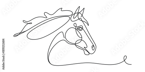 One continuous line drawing of a powerful horse head illustration
