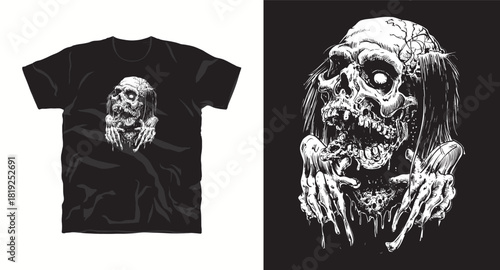 Zombie Skull with Hands T Shirt Design Concept Illustration Vector