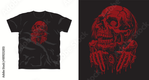 Undead Zombie Skull T-Shirt Vector Graphic Design with Grasping Hands