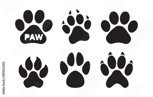 Variety of six pet paw prints in black solid shapes, some with text and stylized toes