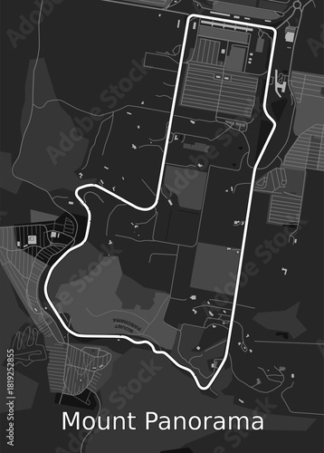 The image shows a grayscale map of the Mount Panorama Circuit. The track is outlined in white, winding through a landscape of varying shades of gray, representing terrain and buildings.