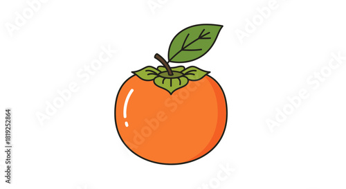 A single ripe orange persimmon fruit with a green leaf.