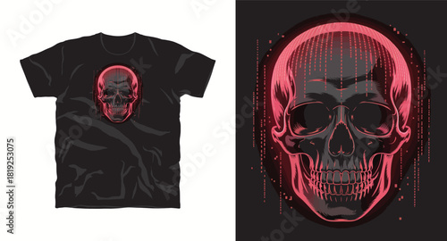 Digital Skull Matrix T-Shirt Vector Graphic Design with Code Lines