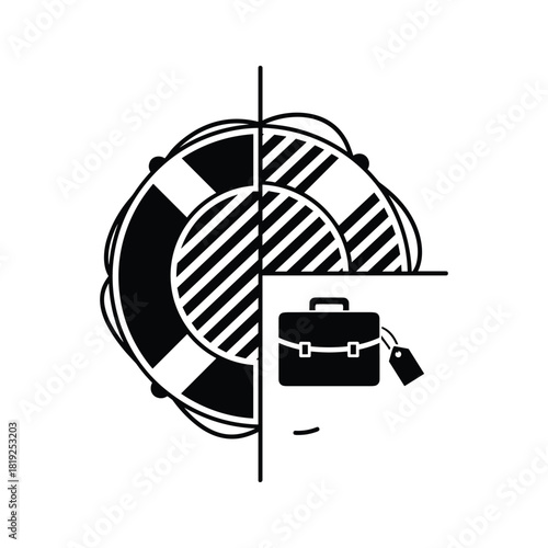 Black icon of a lifebuoy and briefcase with tag life preserver safety