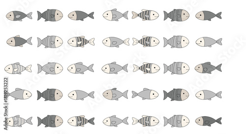 A charming, repetitive illustration showcasing a variety of simple fish designs, rendered in a soothing palette of grays and off-white, perfect for print or digital use.